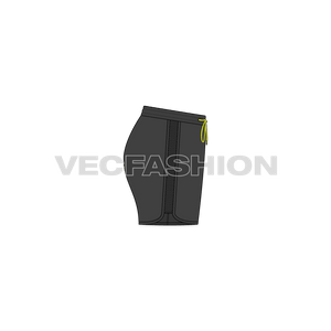 A vector fashion sketch template of Women's Gym Shorts. It has an elasticated waistband and rendered in black color with contrast neon green color drawstrings. There are mesh panels on the side and hem is in curved shape. 