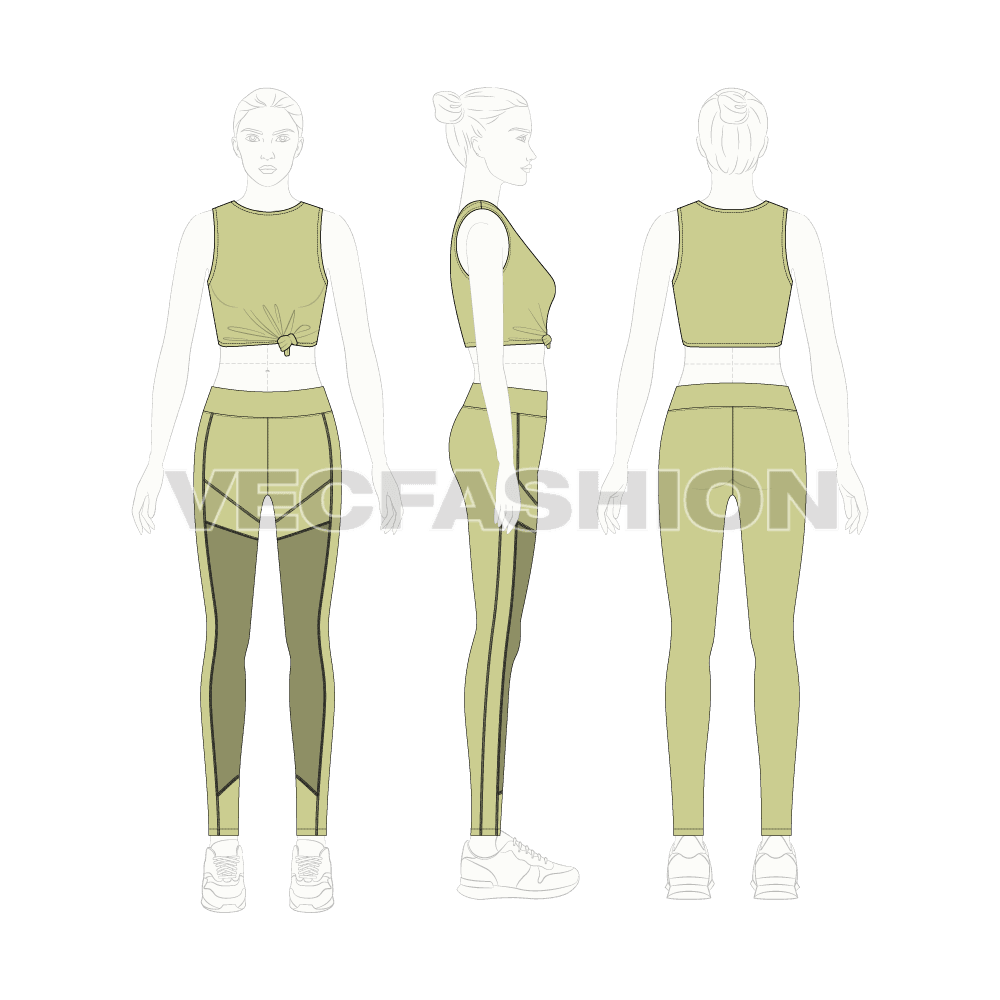 Womens gym suit, knotted vest flat sketch, on croqui