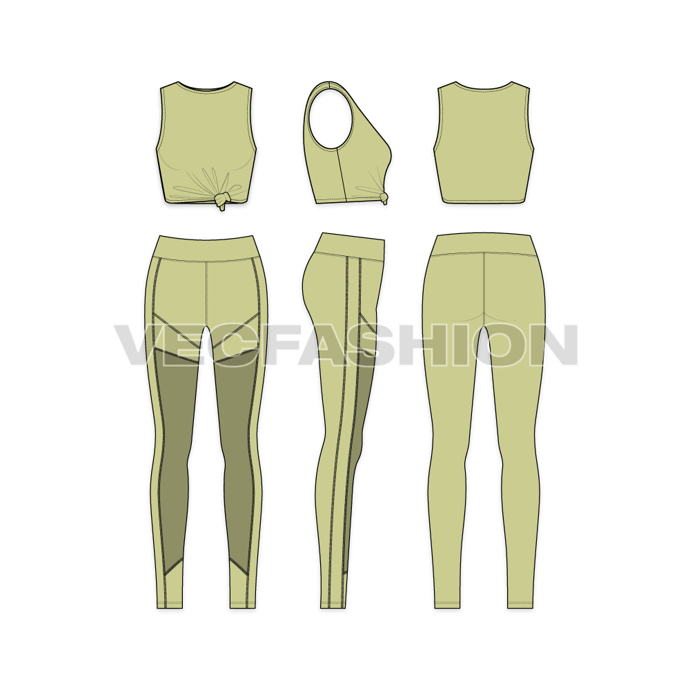 Womens gym suit, knotted vest flat sketch, showing all views, front, side and back