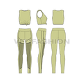 Womens gym suit, knotted vest flat sketch, showing all views, front, side and back