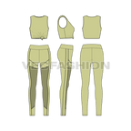 Womens gym suit, knotted vest flat sketch, showing all views, front, side and back