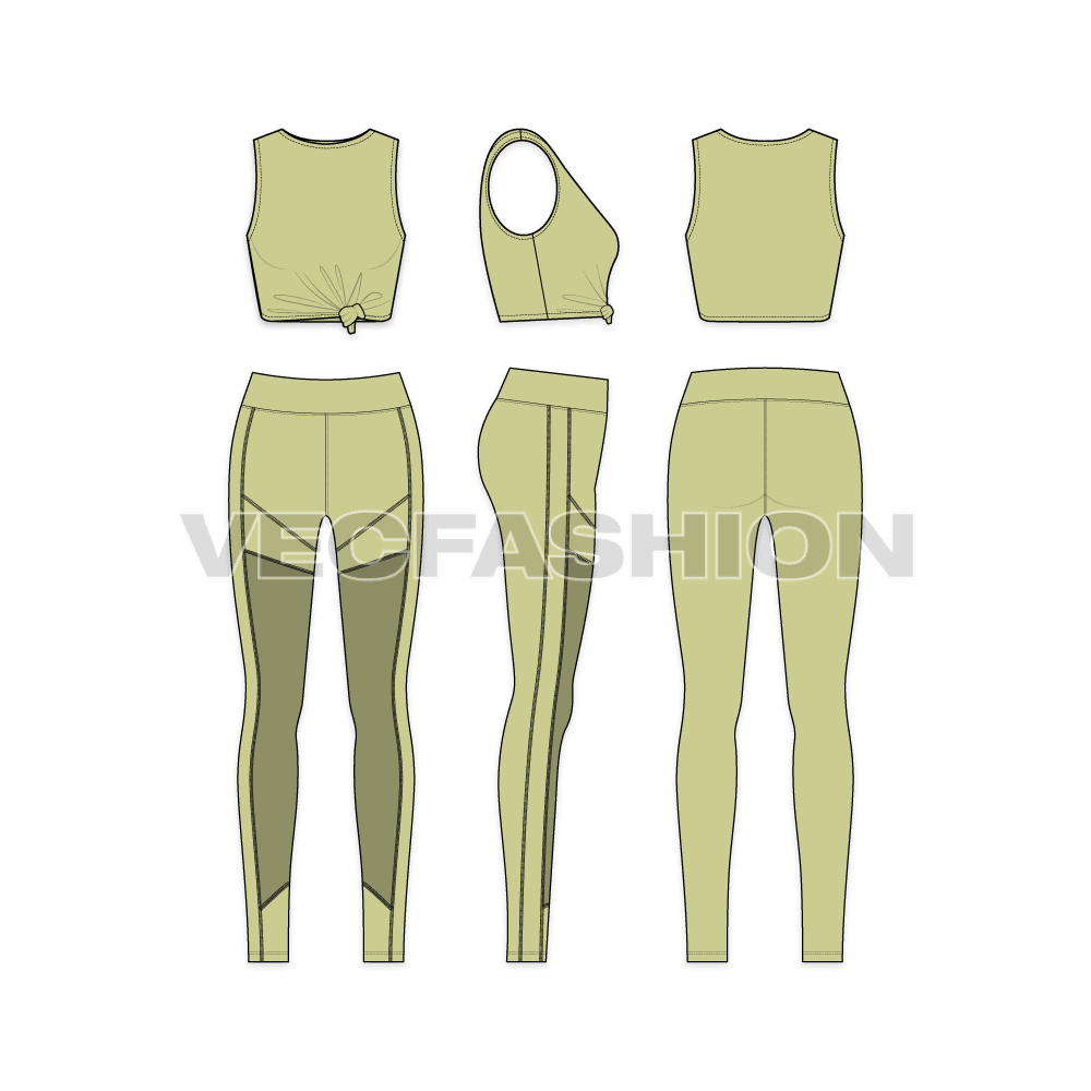 A vector fashion sketch template of Women's Gym Suit. It is a complete set with vest top knotted at hem. The leggings is made out of compression material with panels on front leg. 