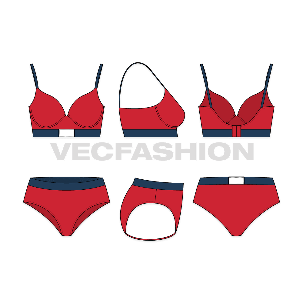 Womens gym training set, spandex flat sketch, showing all views, front, side and back