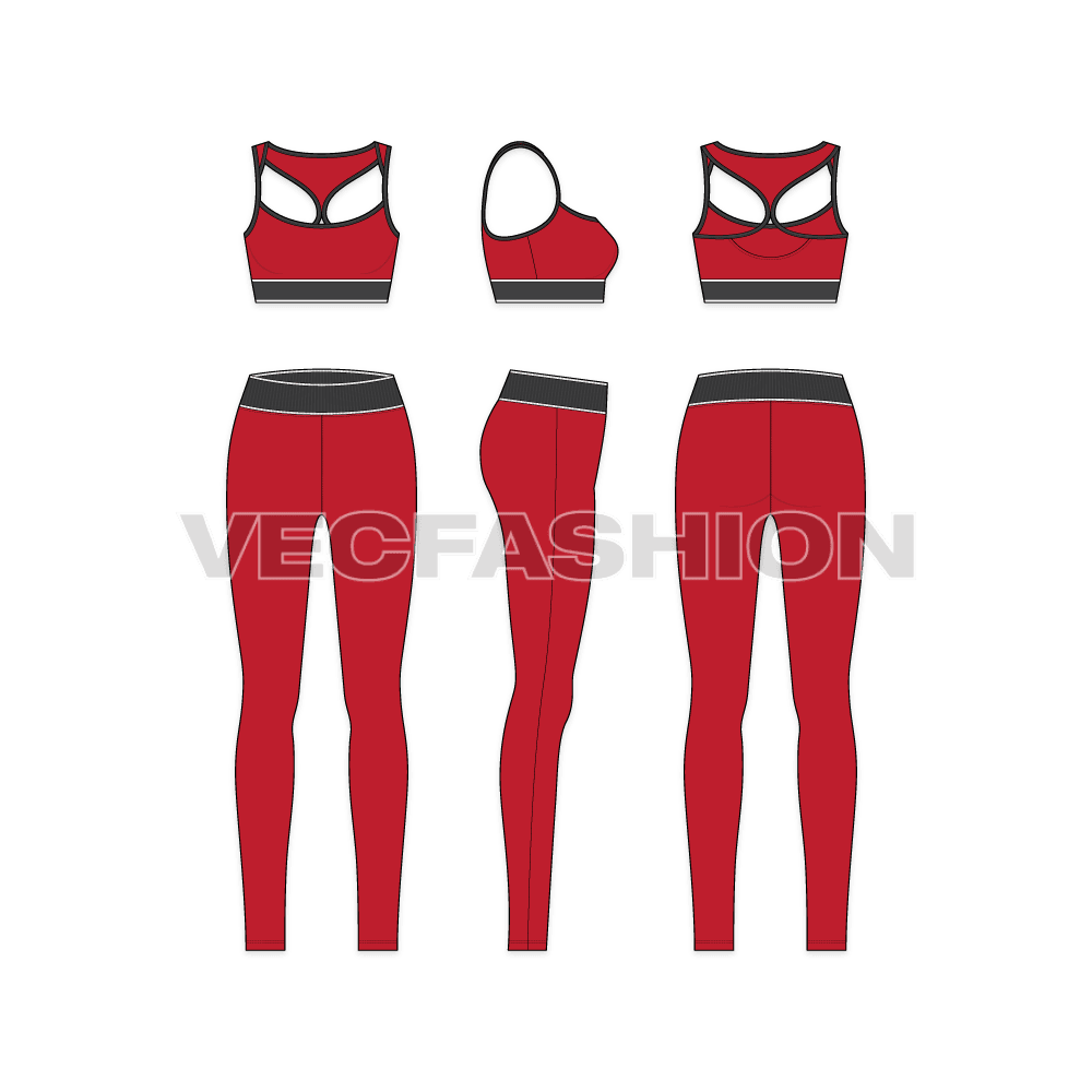 Womens gym training set, lycra flat sketch, showing all views, front, side and back