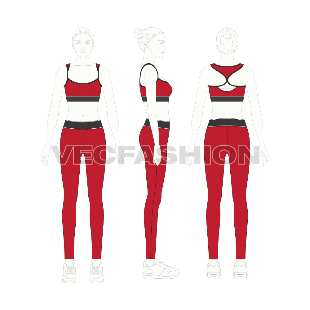 Womens gym training set, lycra flat sketch, on croqui