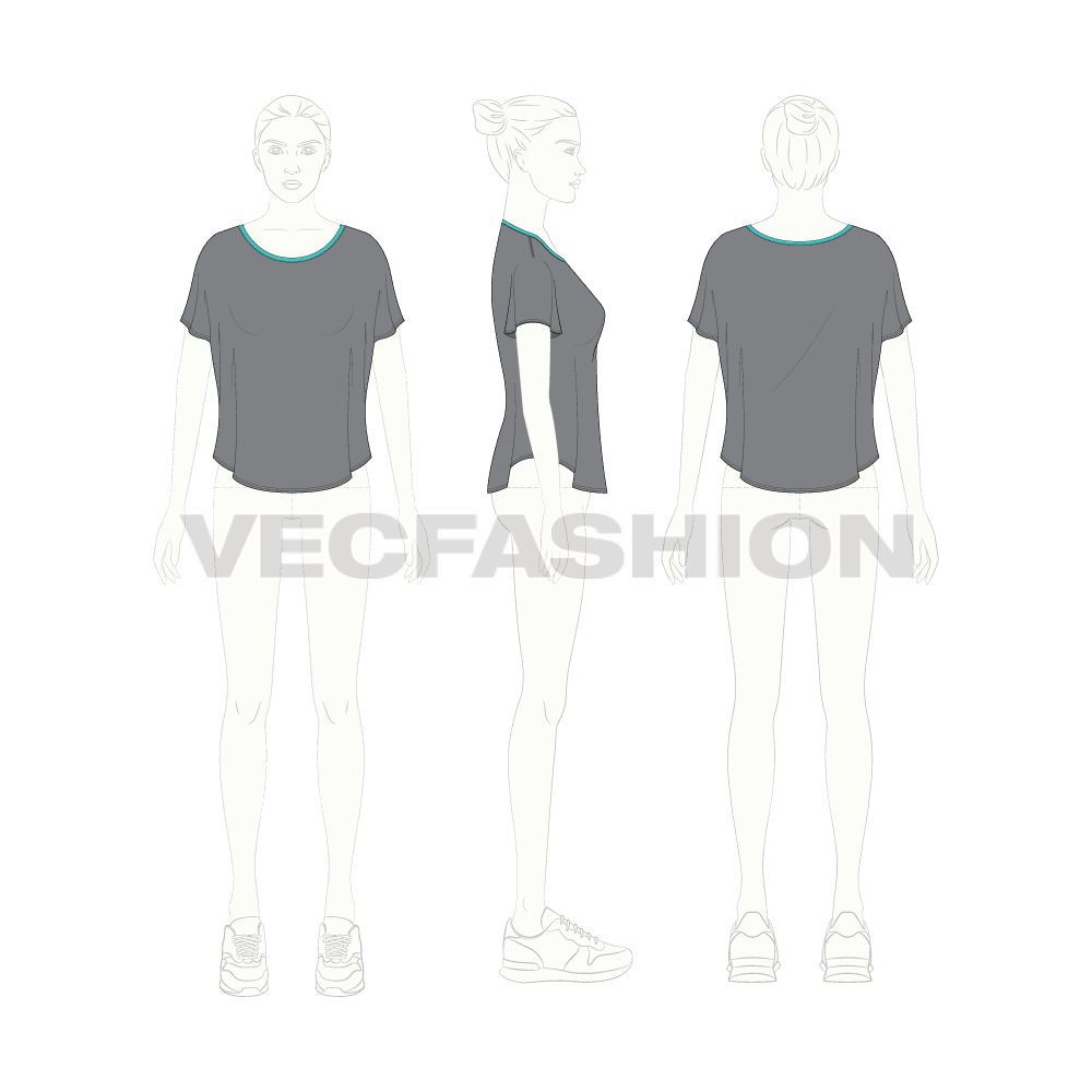 Womens gym training t-shirt flat sketch, croqui sketch