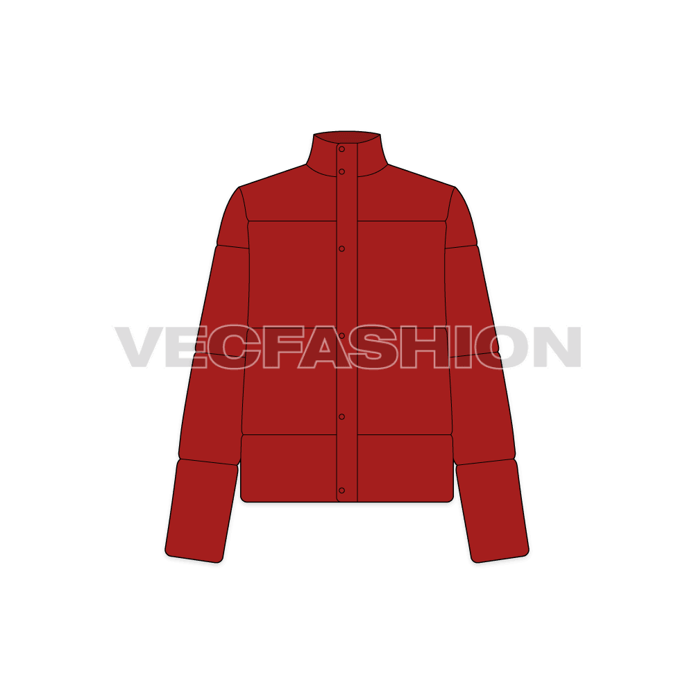 A vector illustrator template of Women's Heavy Puffer Jacket. It is rendered in dark brick color and usually made with heavy insulation Goose down and feathers.