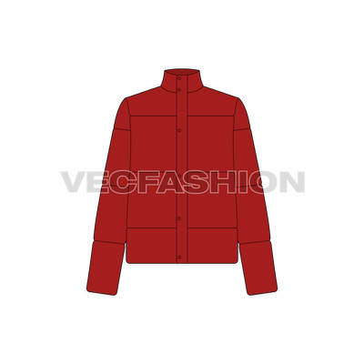 A vector illustrator template of Women's Heavy Puffer Jacket. It is rendered in dark brick color and usually made with heavy insulation Goose down and feathers.