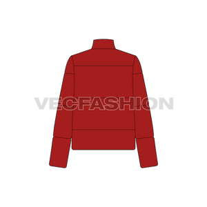 A vector illustrator template of Women's Heavy Puffer Jacket. It is rendered in dark brick color and usually made with heavy insulation Goose down and feathers.