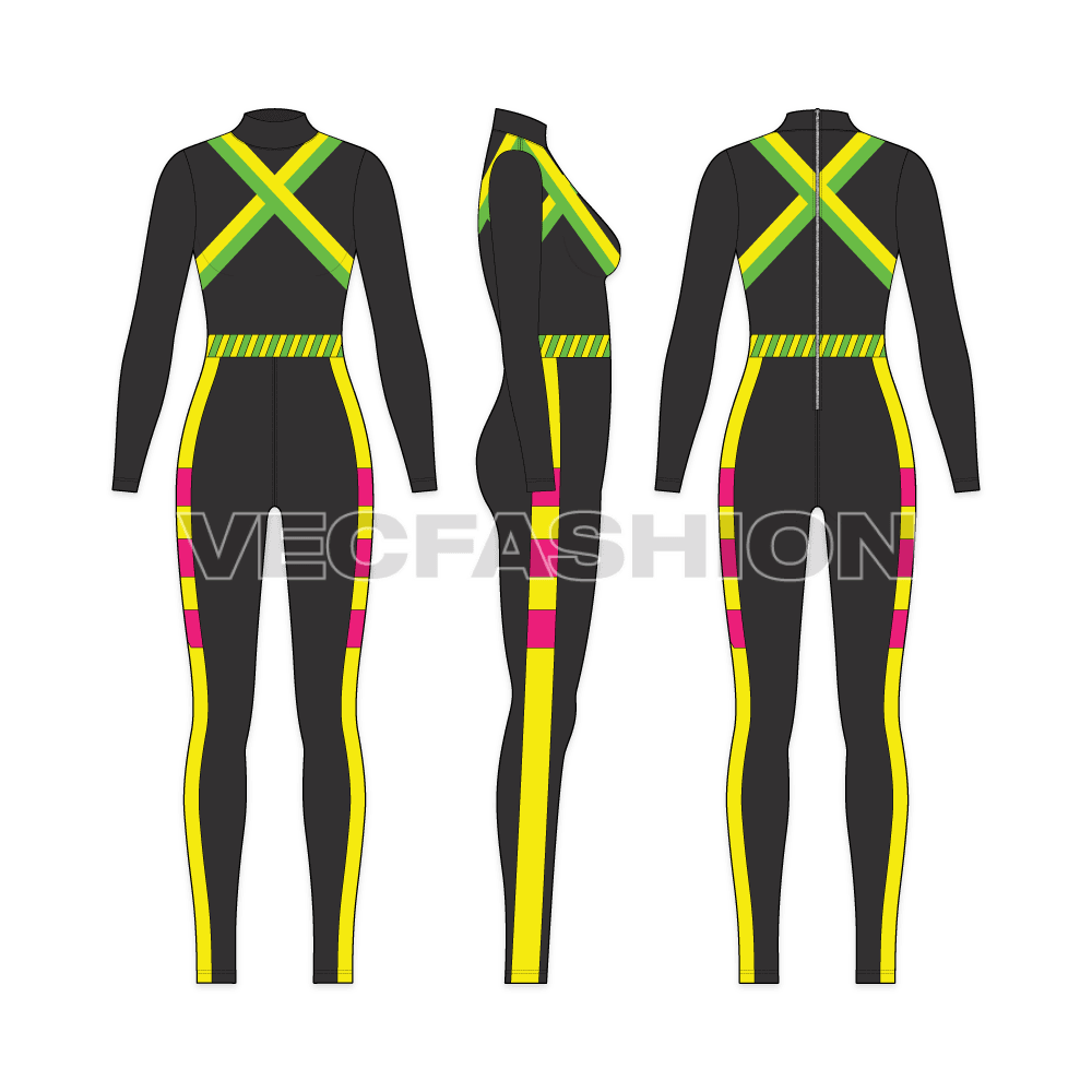 Womens high fashion swimsuit flat sketch, showing all views, front, side and back