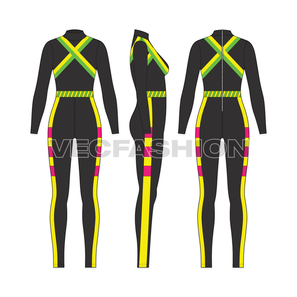 A vector template of Women's High Fashion Swimsuit. It has contrast neon colored panels all over and gives a very electrified and luxury look.