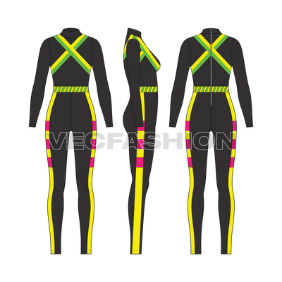 A vector template of Women's High Fashion Swimsuit. It has contrast neon colored panels all over and gives a very electrified and luxury look.