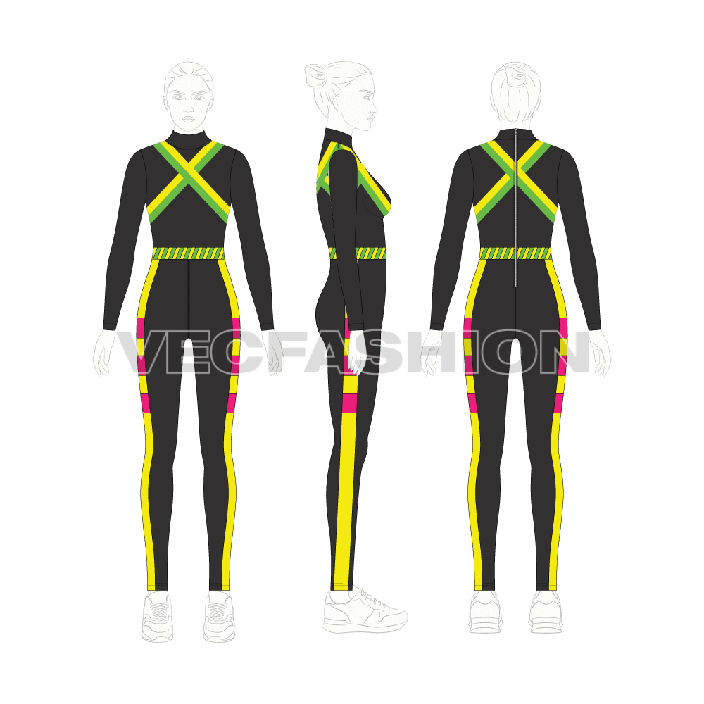 Womens high fashion swimsuit flat sketch, on croqui