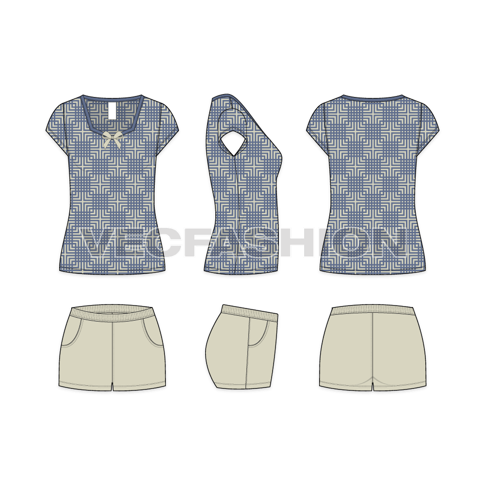 Womens Loungewear Set vector flat sketch showing top with shorts