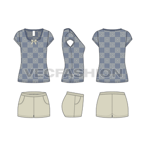 A vector Set of Women's Home Alone Lounge Wear Set. This Fashion Set have a U-neck Top and a Full Length Bottom. This clothing set also have a casual shorts as well.