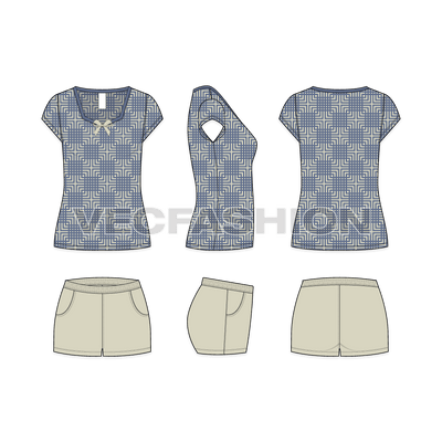 A vector Set of Women's Home Alone Lounge Wear Set. This Fashion Set have a U-neck Top and a Full Length Bottom. This clothing set also have a casual shorts as well.