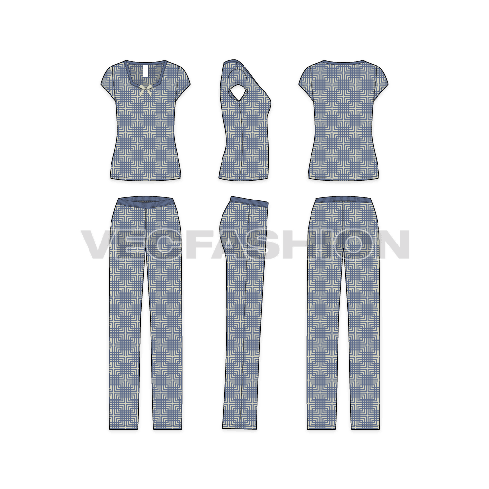Womens Loungewear Set vector flat sketch showing front, side and back view. 