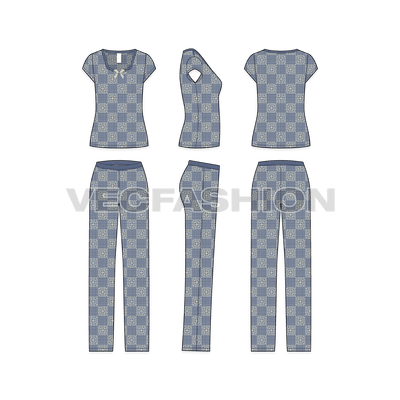 Womens Loungewear Set vector flat sketch showing front, side and back view. 