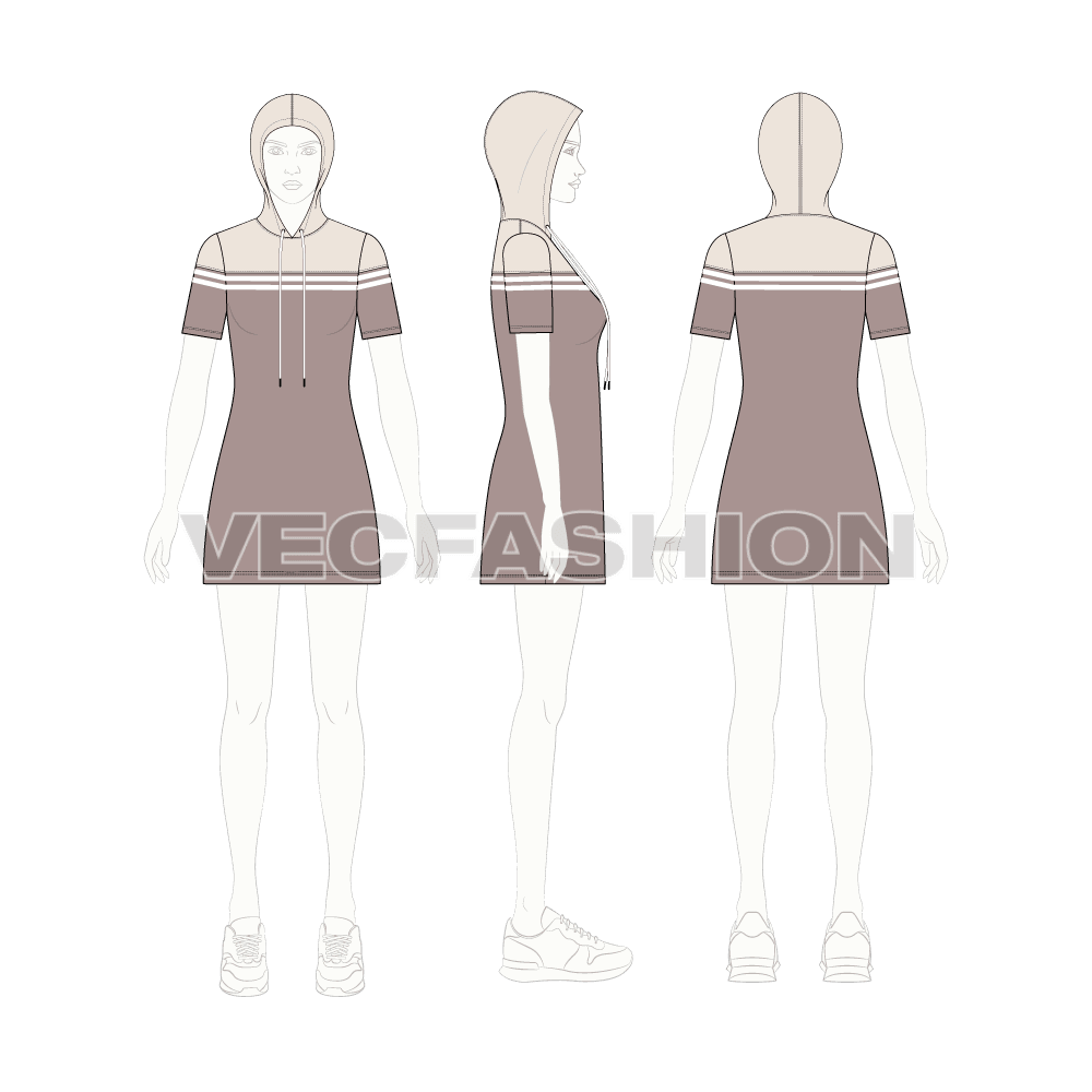 Womens hooded polo dress flat sketch, croqui sketch