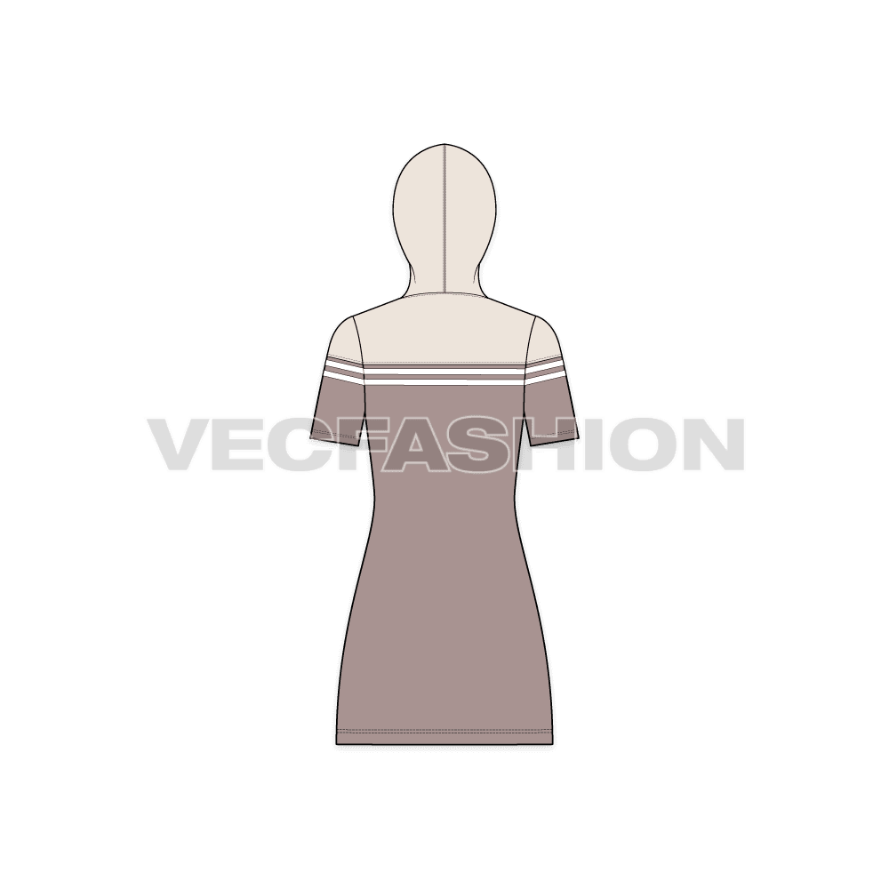 Womens hooded polo dress flat sketch, back view