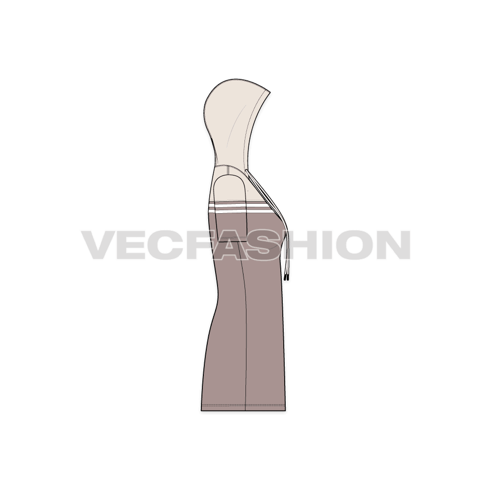 Womens hooded polo dress flat sketch, side view