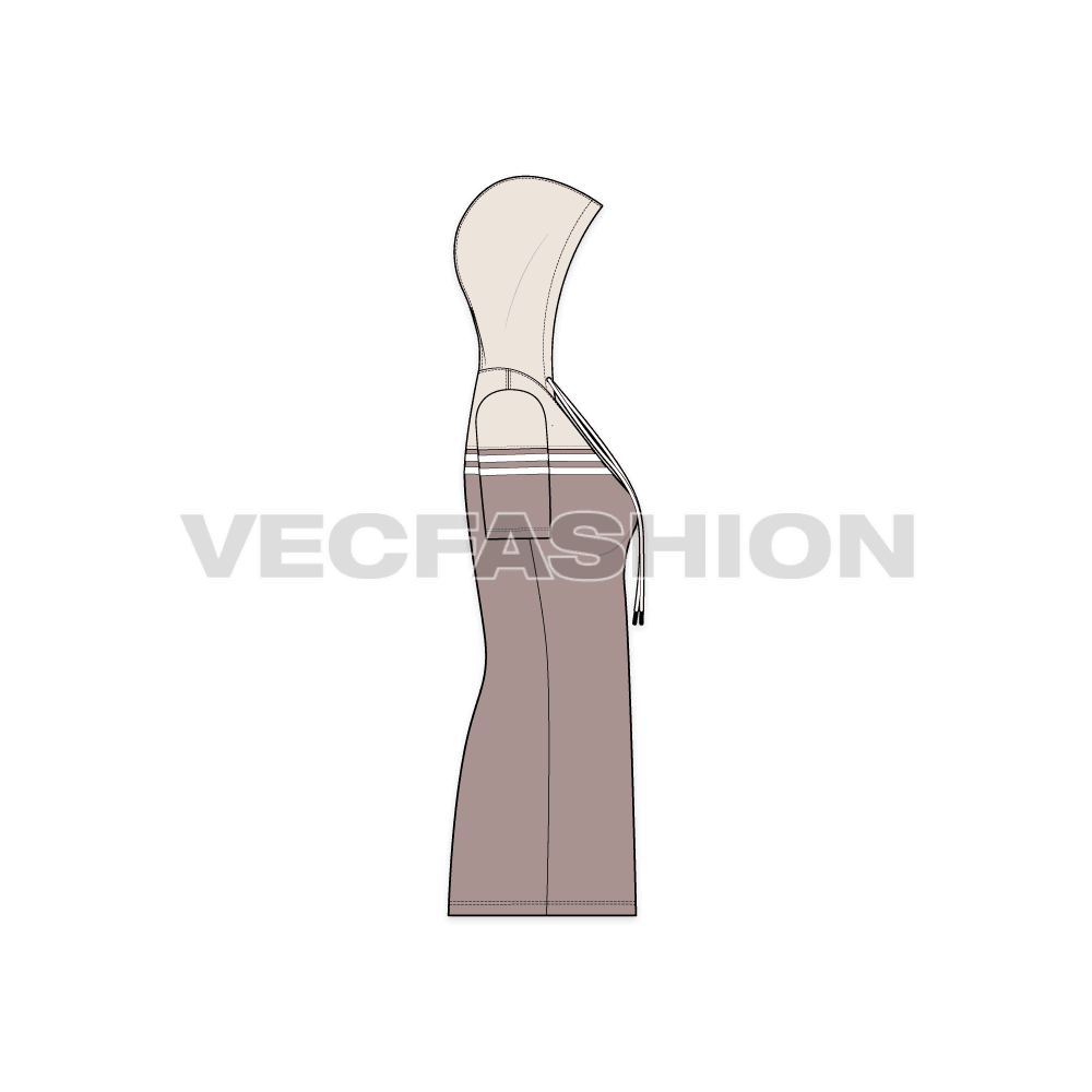 A vector template for Women's Hooded Polo Dress. It has a yoke on top bodice with matching hoodie. There are stripes on chest and arms. The dress is in straight cut, generally made out of 100% Cotton Pique fabric to have maximum comfort. 