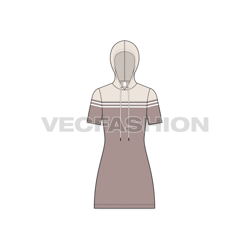Womens hooded polo dress flat sketch, front view