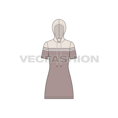 A vector template for Women's Hooded Polo Dress. It has a yoke on top bodice with matching hoodie. There are stripes on chest and arms. The dress is in straight cut, generally made out of 100% Cotton Pique fabric to have maximum comfort. 