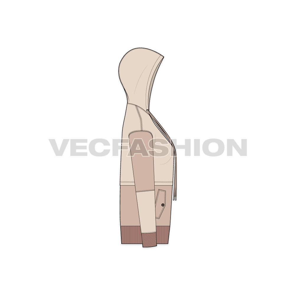 Womens jumper with oversized hoodie flat sketch, side view