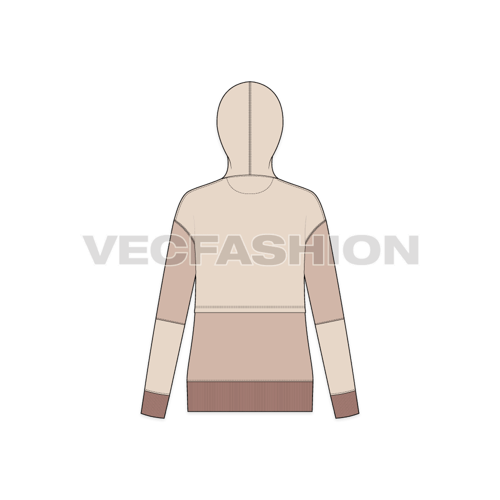 Womens jumper with oversized hoodie flat sketch, back view