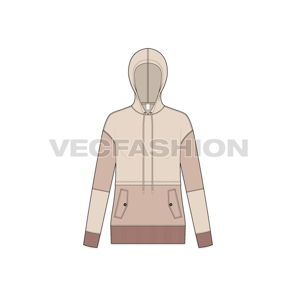 Womens jumper with oversized hoodie flat sketch, front view