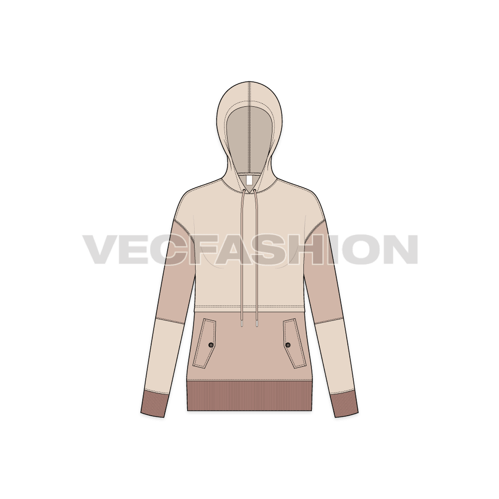 A vector illustrator sketch template of Women's Jumper with Oversized Hoodie. It is a very stylish design with color blocked style and trims are in contrast brick color. 