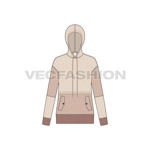 A vector illustrator sketch template of Women's Jumper with Oversized Hoodie. It is a very stylish design with color blocked style and trims are in contrast brick color. 