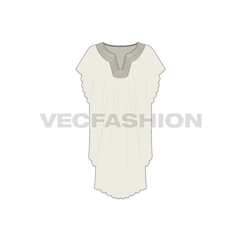 Womens kaftan dress flat sketch, front view