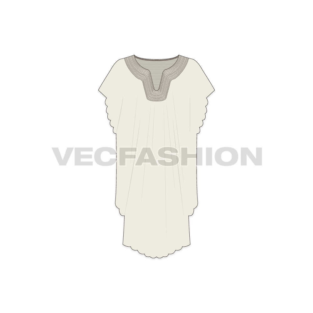 A vector template for Women's Kaftan Beachwear Cape Dress. It has stitching details around the neck and lose from bottom.