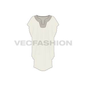 A vector template for Women's Kaftan Beachwear Cape Dress. It has stitching details around the neck and lose from bottom.