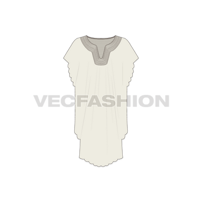 A vector template for Women's Kaftan Beachwear Cape Dress. It has stitching details around the neck and lose from bottom.