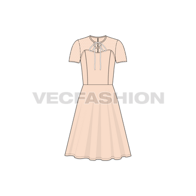 A vector template for Women's Keyhole Tie Cocktail Dress. It is a dark maroon fabric for body and have printed net on the sleeves and upper bodice. 