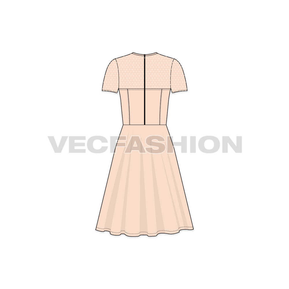 A vector template for Women's Keyhole Tie Cocktail Dress. It is a dark maroon fabric for body and have printed net on the sleeves and upper bodice. 