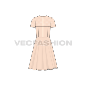 A vector template for Women's Keyhole Tie Cocktail Dress. It is a dark maroon fabric for body and have printed net on the sleeves and upper bodice. 