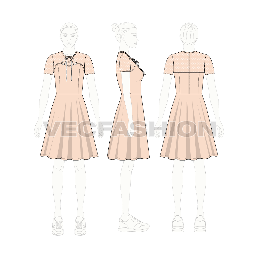Womens keyhole tie cocktail dress flat sketch, croqui sketch