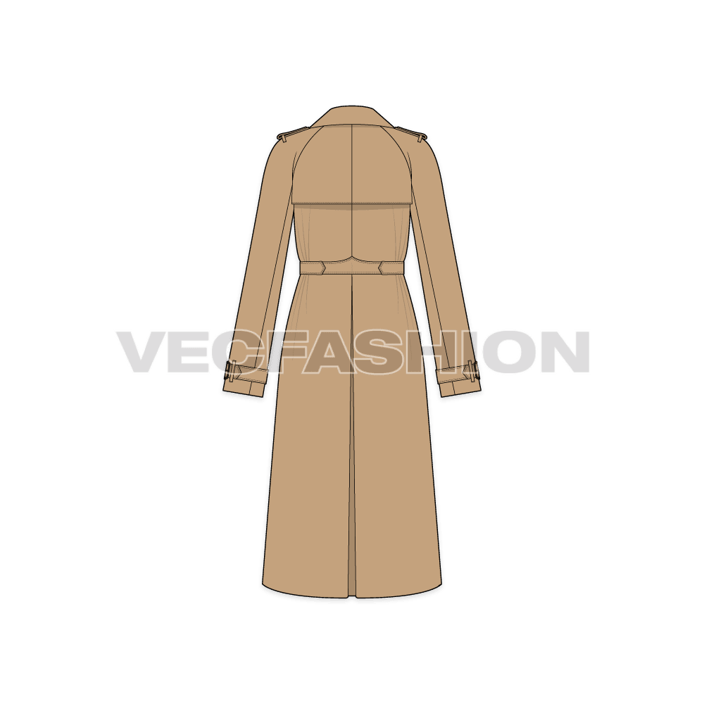 Women's Khaki Trench Coat flat sketch, back view