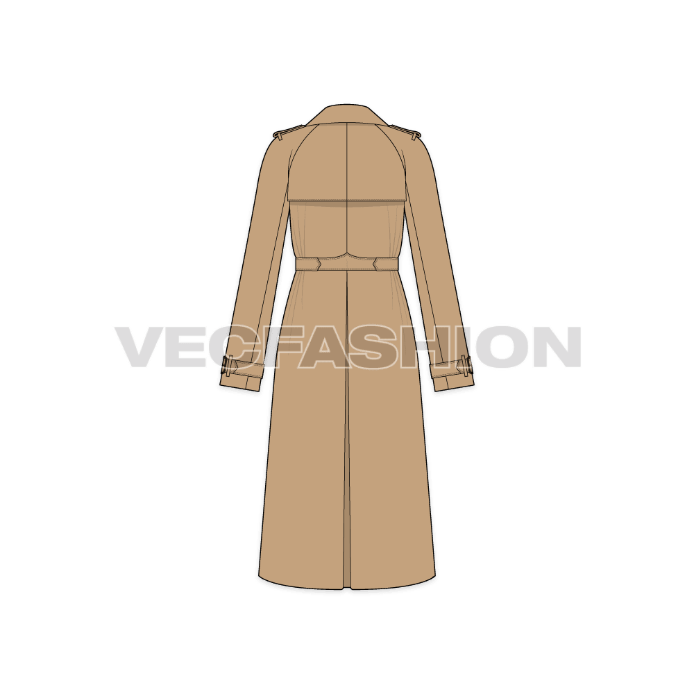 A vector illustrator template of Women's Khaki Trench Coat. It is a very special illustrator sketch with full detailing of Epaulet on shoulder and sleeves, pocket detailing and buttons.