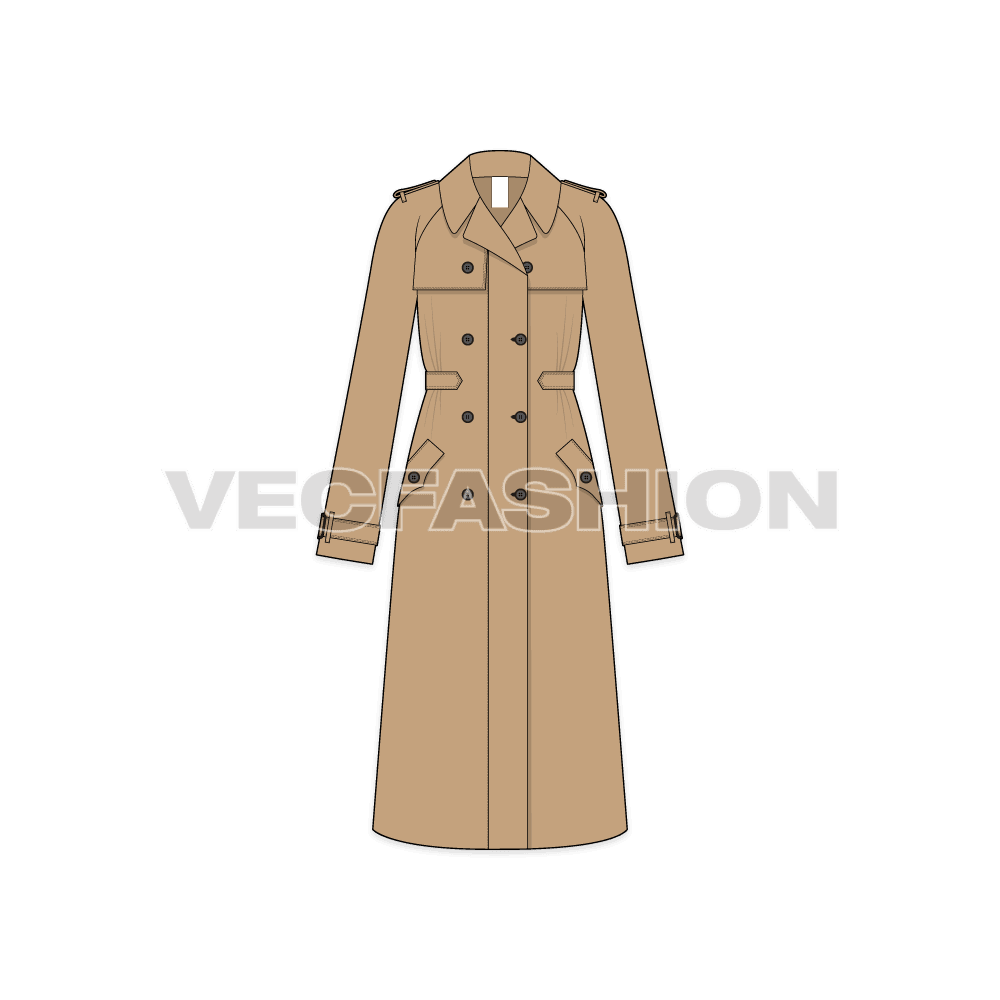 Women's Khaki Trench Coat flat sketch, front view