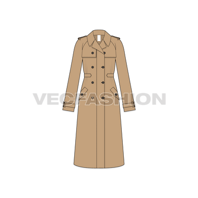 A vector illustrator template of Women's Khaki Trench Coat. It is a very special illustrator sketch with full detailing of Epaulet on shoulder and sleeves, pocket detailing and buttons.