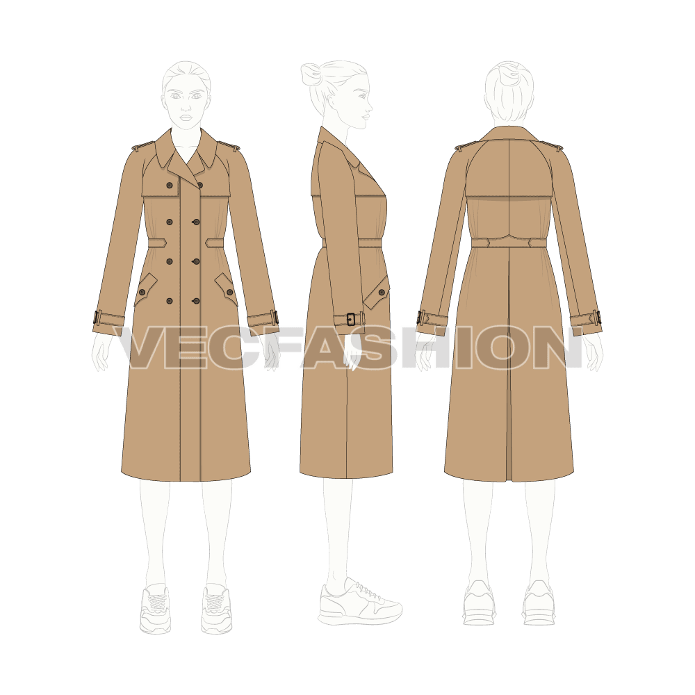 Women's Khaki Trench Coat flat sketch, croqui sketch