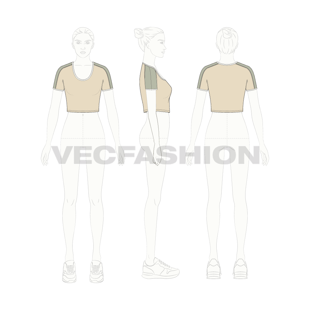 Womens kimono sleeve t-shirt flat sketch, croqui sketch