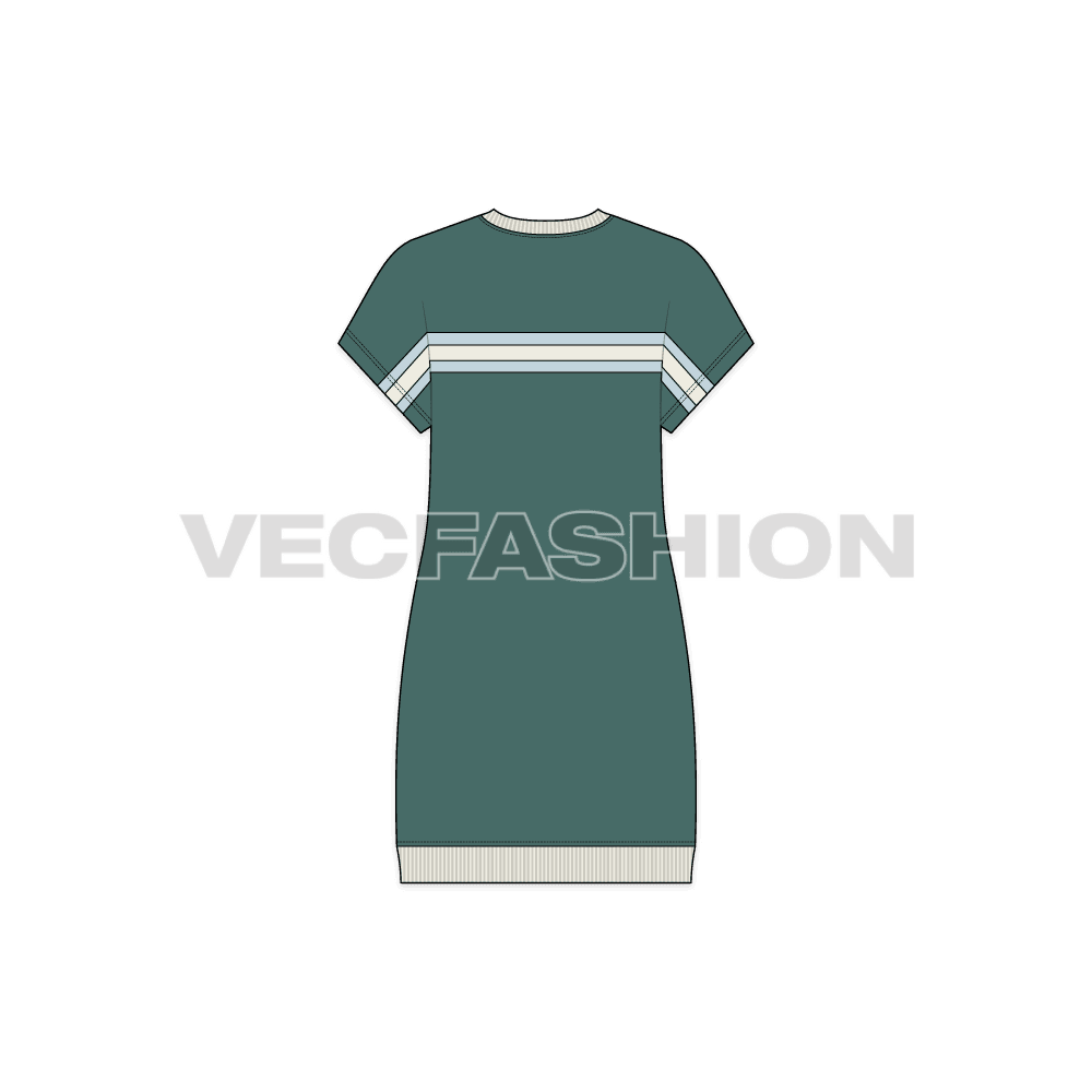 A vector fashion flat sketch for Women's Vector Kimono Tunic Dress. It is a lose fit crew neck dress with Kimono Sleeves. The length of dress comes till calf and it has contrast color band at the hem.
