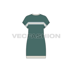 A vector fashion flat sketch for Women's Vector Kimono Tunic Dress. It is a lose fit crew neck dress with Kimono Sleeves. The length of dress comes till calf and it has contrast color band at the hem.