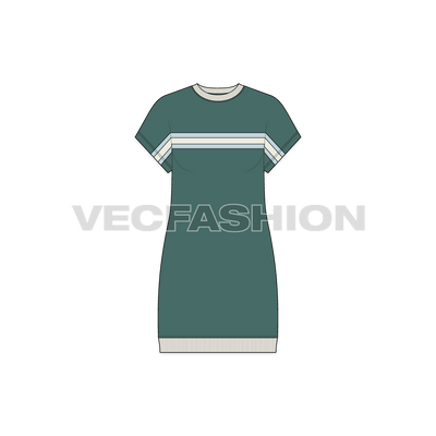 A vector fashion flat sketch for Women's Vector Kimono Tunic Dress. It is a lose fit crew neck dress with Kimono Sleeves. The length of dress comes till calf and it has contrast color band at the hem.